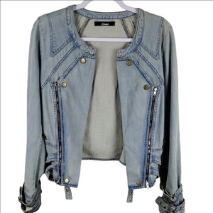 Kosmios Mebon Blue Light Wash Long  Sleeve Open Front Cropped Denim Jean Jacket